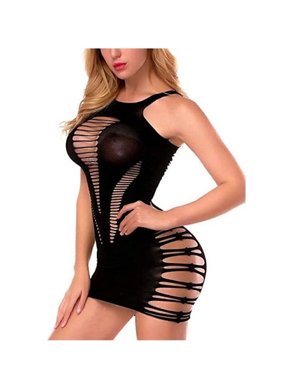 FISHNET Halter Chemise Deep V Hot Mesh Mini Dress Bodysuit Dress Babydoll NWT